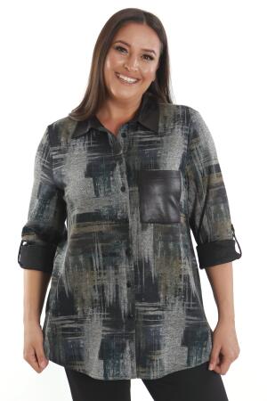 Büyük Beden Geçiş Desenli Deri Cep Detaylı Haki Gömlek - 3