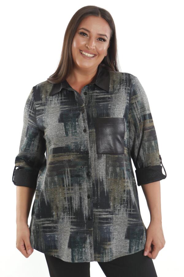Büyük Beden Geçiş Desenli Deri Cep Detaylı Haki Gömlek - 3
