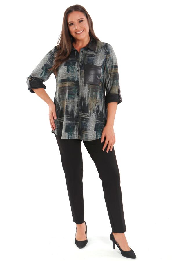 Büyük Beden Geçiş Desenli Deri Cep Detaylı Haki Gömlek - 5