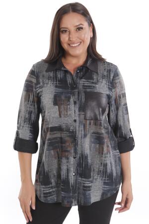 Büyük Beden Geçiş Desenli Deri Cep Detaylı Kahverengi Gömlek - Angelino Moda