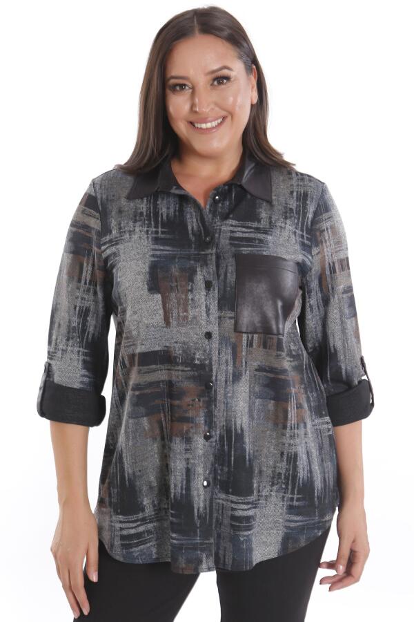 Büyük Beden Geçiş Desenli Deri Cep Detaylı Kahverengi Gömlek - 1