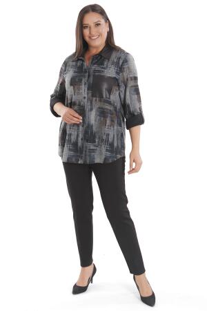 Büyük Beden Geçiş Desenli Deri Cep Detaylı Kahverengi Gömlek - Angelino Moda (1)