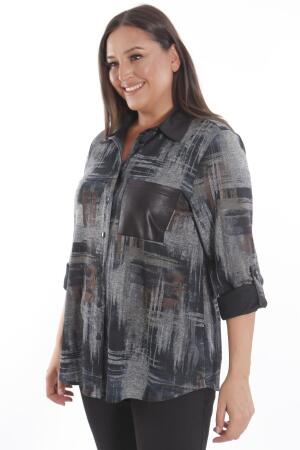 Büyük Beden Geçiş Desenli Deri Cep Detaylı Kahverengi Gömlek - 4