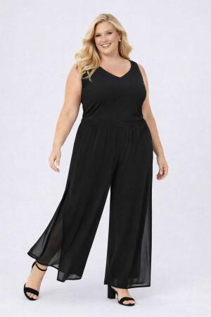 Büyük Beden Geniş Paçası Dökümlü Yırtmaçlı Abiye Pantolon ND4023 - Angelino Butik