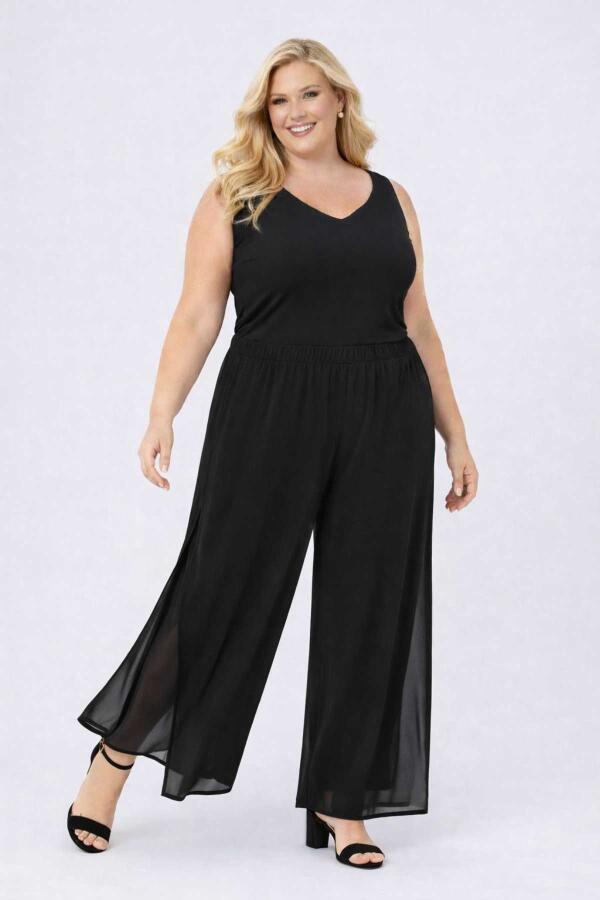 Büyük Beden Geniş Paçası Dökümlü Yırtmaçlı Abiye Pantolon ND4023 - 1