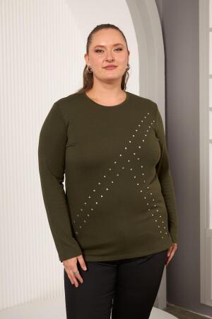 Büyük Beden Geometrik Taşlı Bluz Haki - RMG