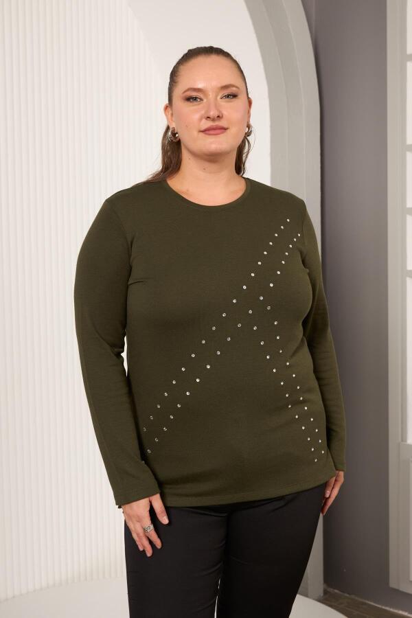 Büyük Beden Geometrik Taşlı Bluz Haki - 1