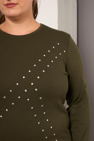 Büyük Beden Geometrik Taşlı Bluz Haki - RMG (1)