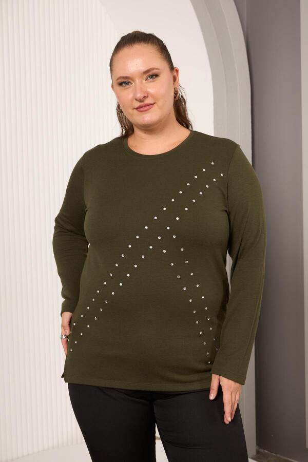 Büyük Beden Geometrik Taşlı Bluz Haki - 3