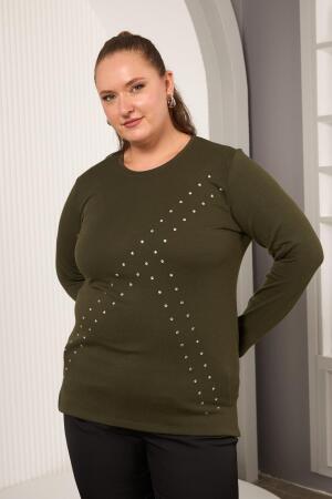 Büyük Beden Geometrik Taşlı Bluz Haki - 4