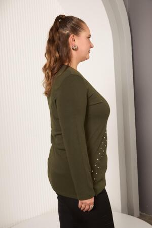 Büyük Beden Geometrik Taşlı Bluz Haki - 5