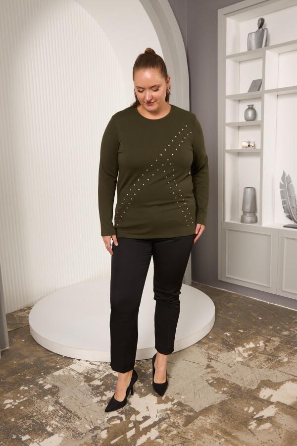 Büyük Beden Geometrik Taşlı Bluz Haki - 7