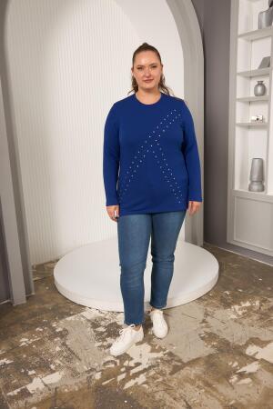 Büyük Beden Geometrik Taşlı Bluz Saks - 7