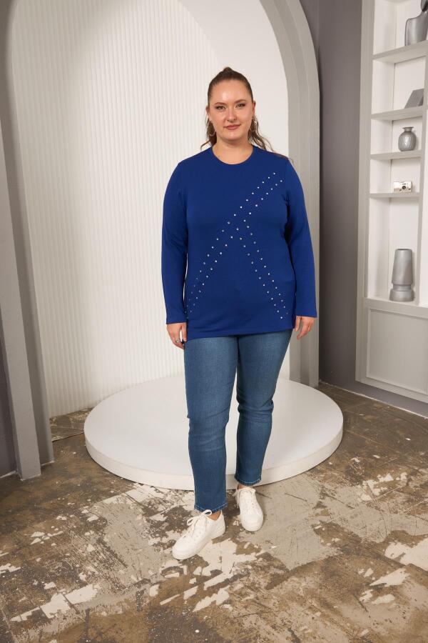 Büyük Beden Geometrik Taşlı Bluz Saks - 7