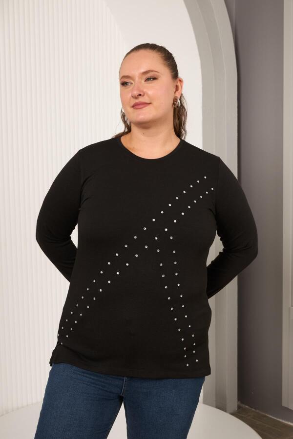 Büyük Beden Geometrik Taşlı Bluz Siyah - 1