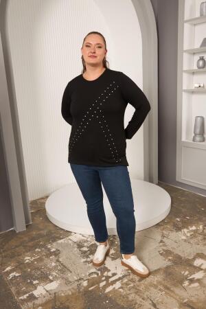 Büyük Beden Geometrik Taşlı Bluz Siyah - 5