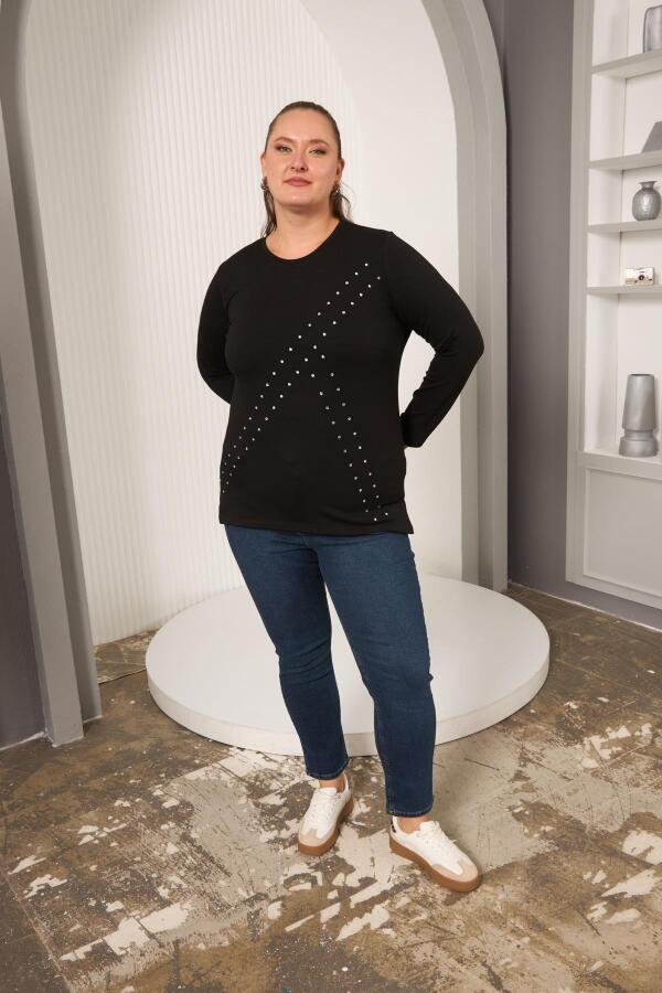 Büyük Beden Geometrik Taşlı Bluz Siyah - 5