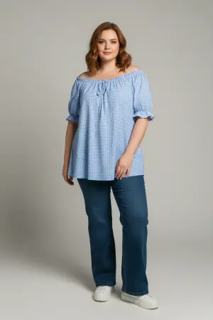 Büyük Beden Gingham Dokulu Volanlı Bluz - 1