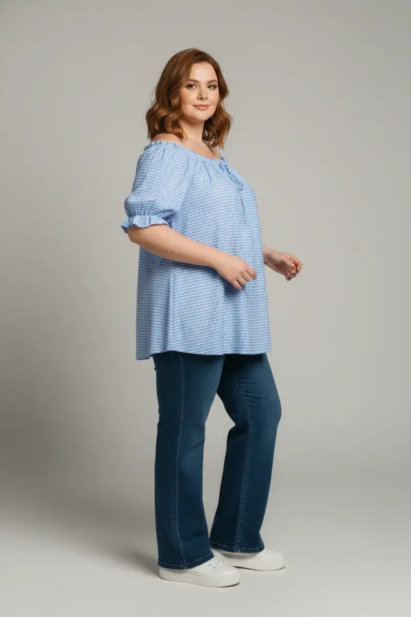 Büyük Beden Gingham Dokulu Volanlı Bluz - 2