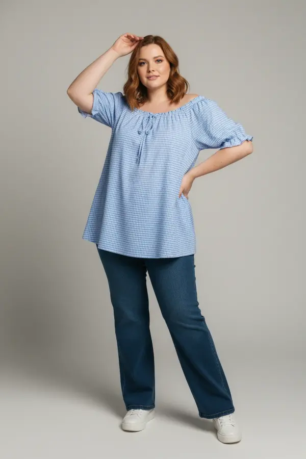 Büyük Beden Gingham Dokulu Volanlı Bluz - 3