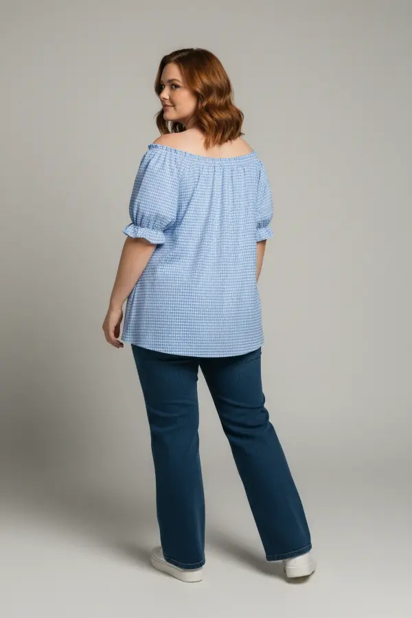 Büyük Beden Gingham Dokulu Volanlı Bluz - 5