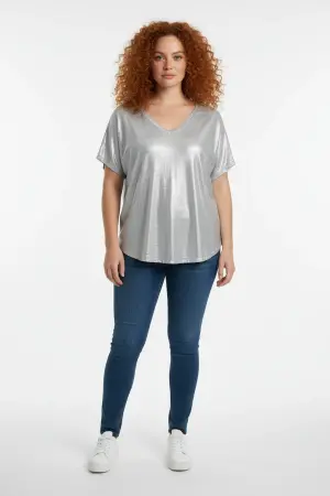 Büyük Beden Gümüş Metalik V Yaka Parlak T-shirt - 1