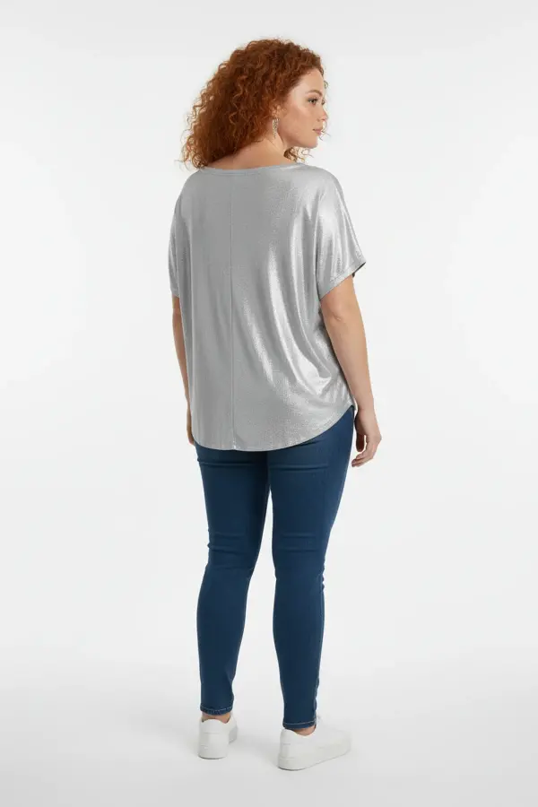 Büyük Beden Gümüş Metalik V Yaka Parlak T-shirt - 4