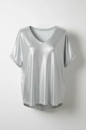Büyük Beden Gümüş Metalik V Yaka Parlak T-shirt - 5