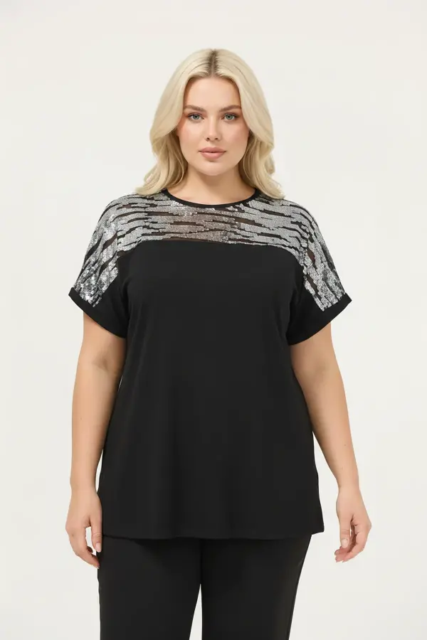 Büyük Beden Gümüş Zebra Pul Detaylı T-shirt - 1
