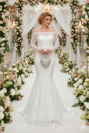 Büyük Beden Güpür Dantel Yaka Lastikli Ayarlanabilir Balık Nikah Elbisesi (40–50) ND4022 - Angelino Butik