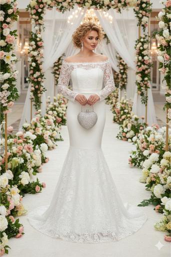 Büyük Beden Güpür Dantel Yaka Lastikli Ayarlanabilir Balık Nikah Elbisesi (40–50) ND4022 - 1