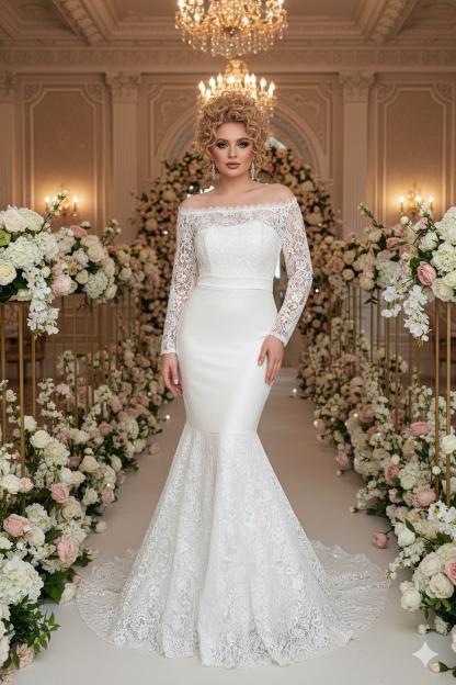 Büyük Beden Güpür Dantel Yaka Lastikli Ayarlanabilir Balık Nikah Elbisesi (40–50) ND4022 - 2