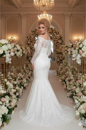 Büyük Beden Güpür Dantel Yaka Lastikli Ayarlanabilir Balık Nikah Elbisesi (40–50) ND4022 - 3