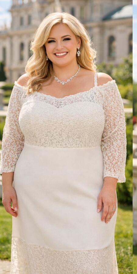 Büyük Beden Güpür Dantel Yaka Lastikli Ayarlanabilir Balık Nikah Elbisesi (50–62) ND4022 - 2