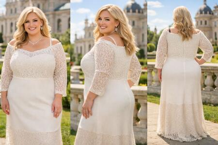 Büyük Beden Güpür Dantel Yaka Lastikli Ayarlanabilir Balık Nikah Elbisesi (50–62) ND4022 - 4