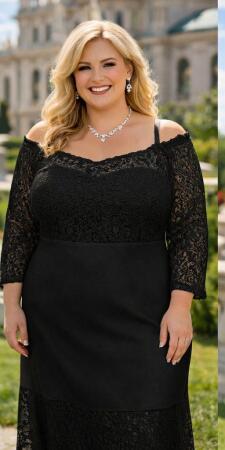 Büyük Beden Güpür Dantel Yaka Lastikli Ayarlanabilir Siyah Balık Abiye Elbisesi (40–62) ND4022 - Angelino Butik (1)