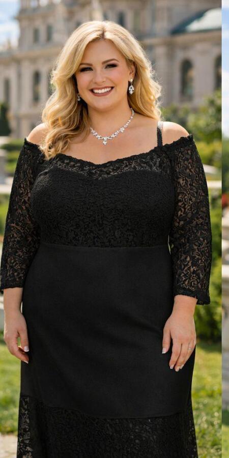 Büyük Beden Güpür Dantel Yaka Lastikli Ayarlanabilir Siyah Balık Abiye Elbisesi (40–62) ND4022 - 2