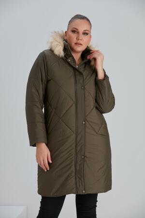 Büyük Beden Haki Uzun Kapitone Mont - 6