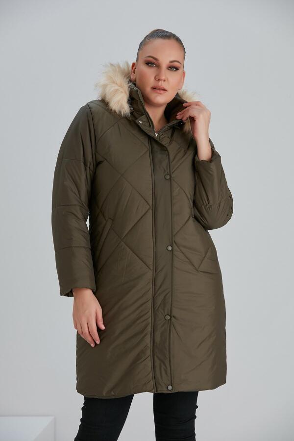 Büyük Beden Haki Uzun Kapitone Mont - 6