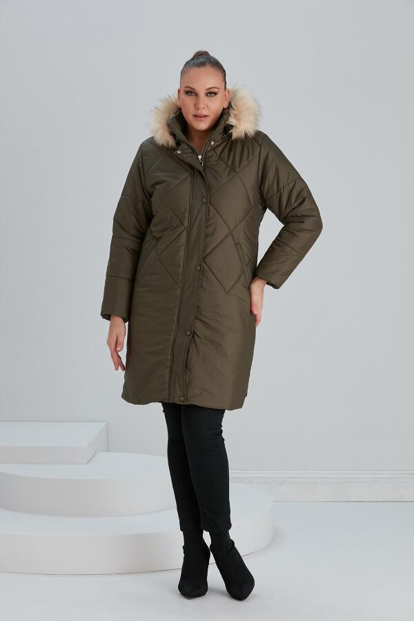 Büyük Beden Haki Uzun Kapitone Mont - 7