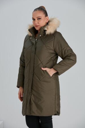 Büyük Beden Haki Uzun Kapitone Mont - 9