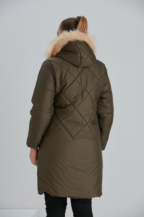 Büyük Beden Haki Uzun Kapitone Mont - 10