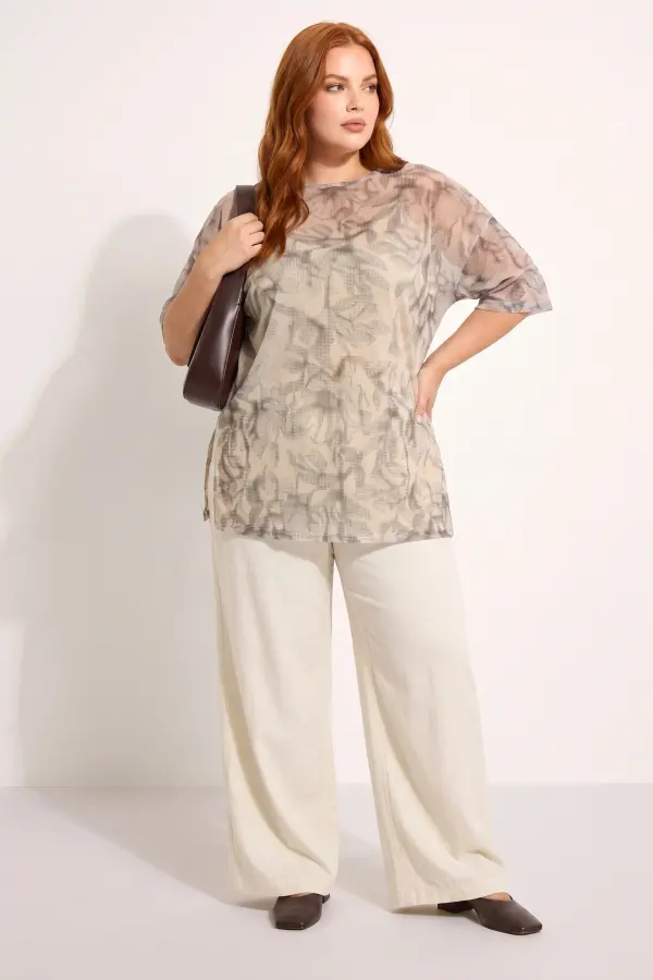 Büyük Beden İç Atletli Yarım Kollu Oversize Desenli Tül Top - 2