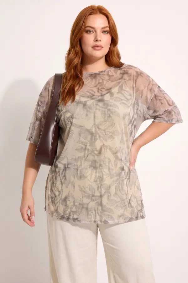 Büyük Beden İç Atletli Yarım Kollu Oversize Desenli Tül Top - 3