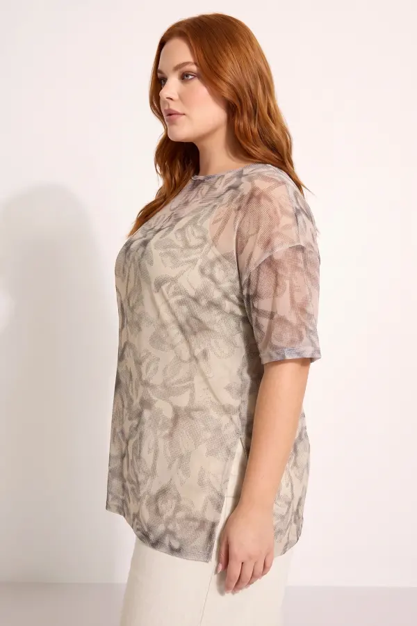 Büyük Beden İç Atletli Yarım Kollu Oversize Desenli Tül Top - 4