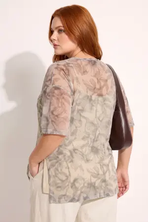 Büyük Beden İç Atletli Yarım Kollu Oversize Desenli Tül Top - 5