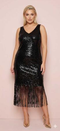 Büyük Beden Işıltılı Payetli Püskül Kesim V Yaka Abiye Elbise ND4037 - 1