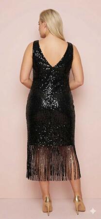 Büyük Beden Işıltılı Payetli Püskül Kesim V Yaka Abiye Elbise ND4037 - 2