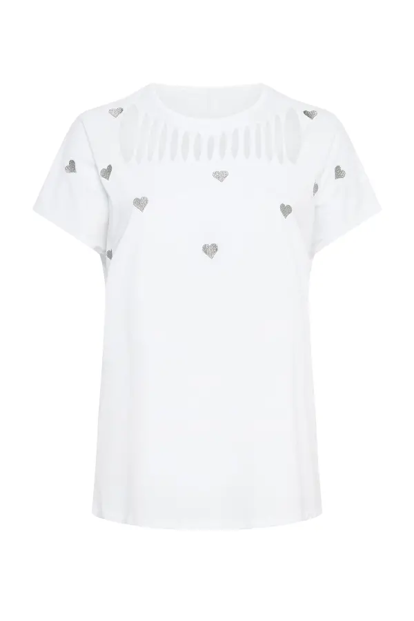 Büyük Beden İşlemeli Kalp Detaylı T shirt - 5