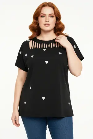 Büyük Beden İşlemeli Kalp Detaylı T-shirt - 1